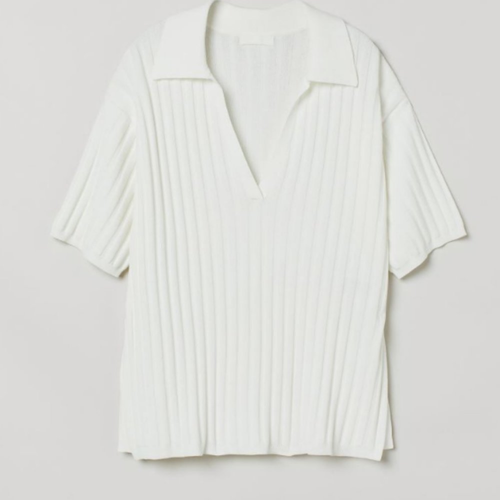 H&M White Ribbed Boxy Polo Shirt